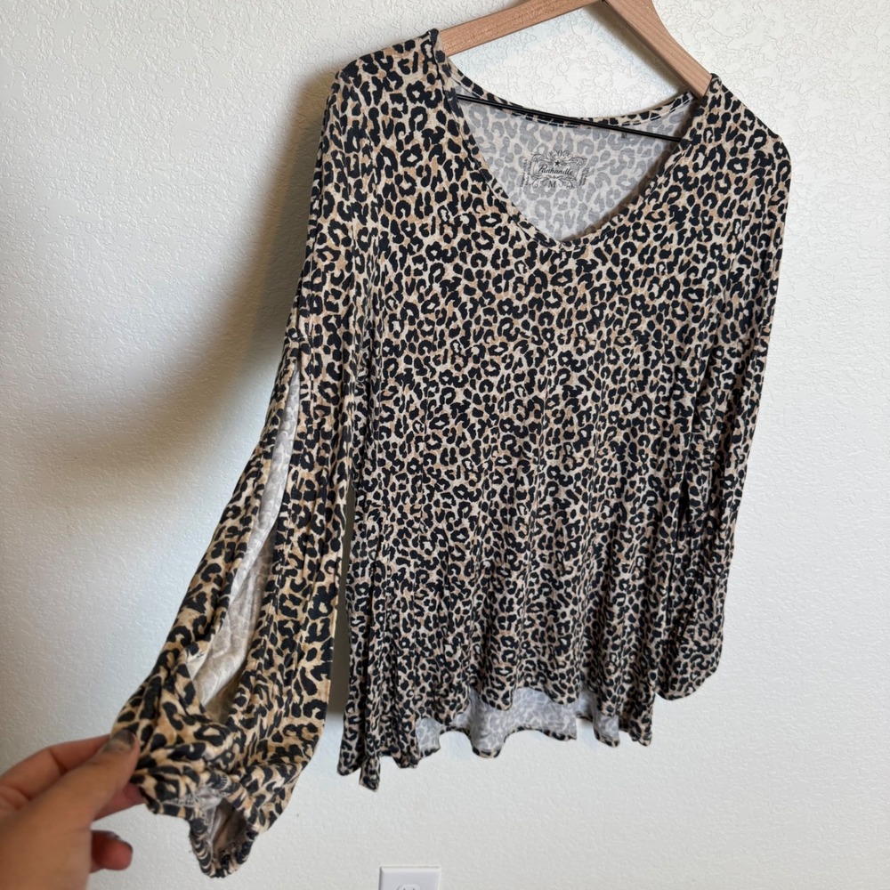 Western Boho Leopard Print Panhandle Slim Open Sleeve Top Size Medium Brown
